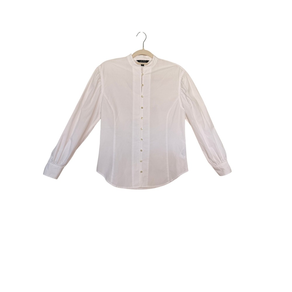 Lauren Ralph Lauren White Mandarin Collar Puff Sleeve Button Down Blouse Small
